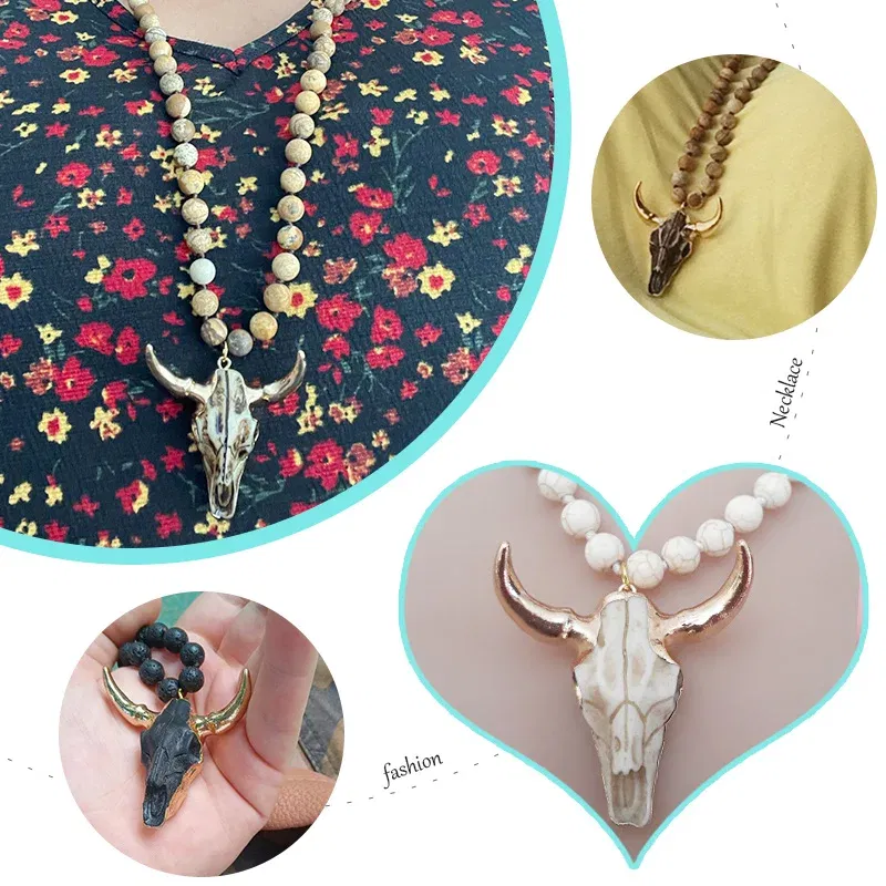 Metal Color: cobalt violet, Length: 90cm - Fashion Bohemian Jewelry  Long Knotted Stone Beads 3 Color Horn Pendant Necklace For Women Ethnic Necklace