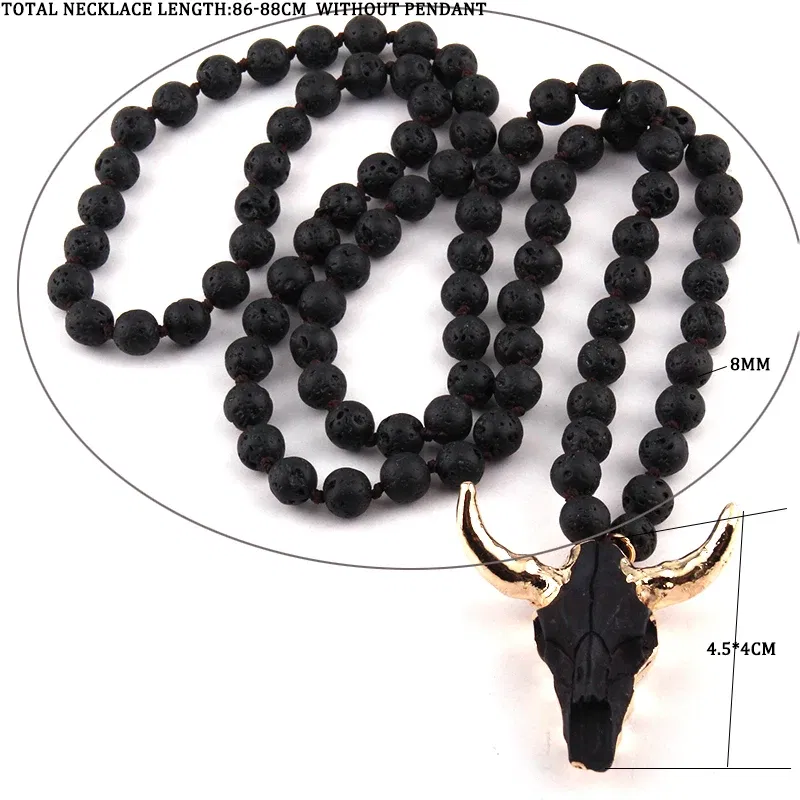 Metal Color: cobalt violet, Length: 90cm - Fashion Bohemian Jewelry  Long Knotted Stone Beads 3 Color Horn Pendant Necklace For Women Ethnic Necklace
