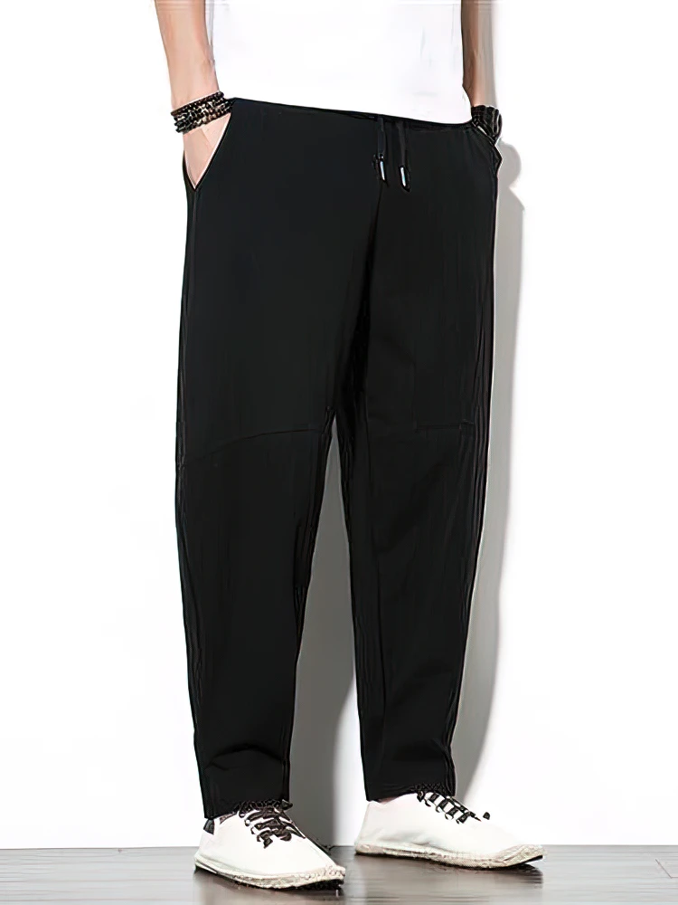 Color: dark blue, Size: XXXL - 100% Cotton Linen Pants Men Baggy Casual Trousers Male Walking Wide leg Loose Sweatpants Chinese Summer Jogger Pants 2025 New