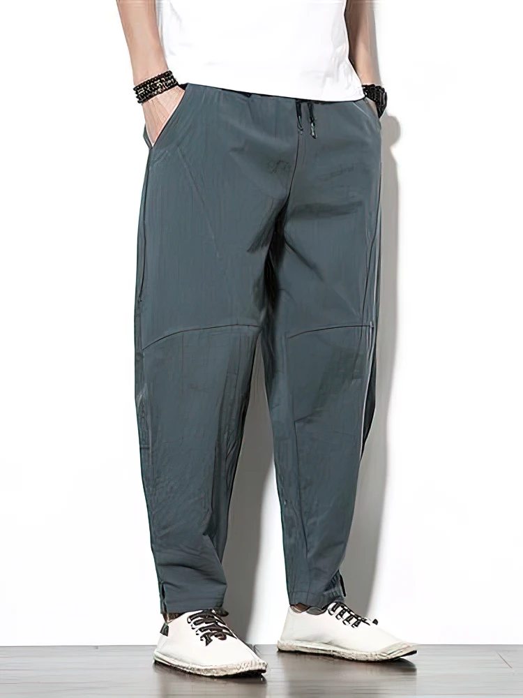 Color: dark blue, Size: XXXL - 100% Cotton Linen Pants Men Baggy Casual Trousers Male Walking Wide leg Loose Sweatpants Chinese Summer Jogger Pants 2025 New