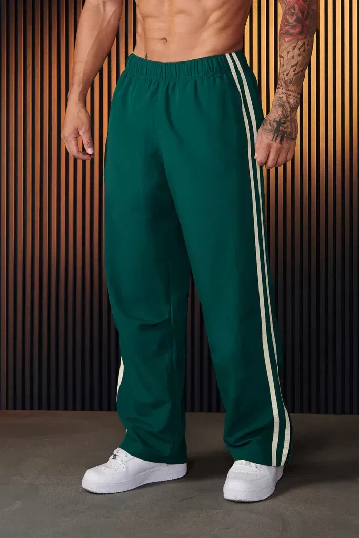 Color: Beige, Size: M - Jogger Men's Sweatpants Gym Sports Fitness Splicing Strips Printing Mid Waist Casual Pants Ya Fashion Men Clothing Wide Leg Pan