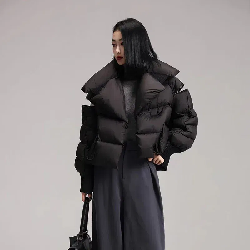 Color: SKY BLUE, Size: S - Overcoat 2025 New Fashion Women Down Jacket Winter White Duck Down High Quality Knitted Patchwork Lapel Women Down Jacket H132