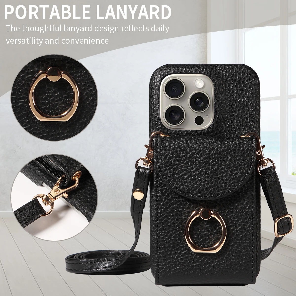 Color: Gold, Compatible-Phone Models: For iPhone 15 Plus, Bundle: Case & Strap, Material: Artificial Leather - High Quality Ring Stand Lychee Pattern Phone Case for IPhone16promax15 14 13 Crossbody with Lanyard PU Leather Anti-fall Cover