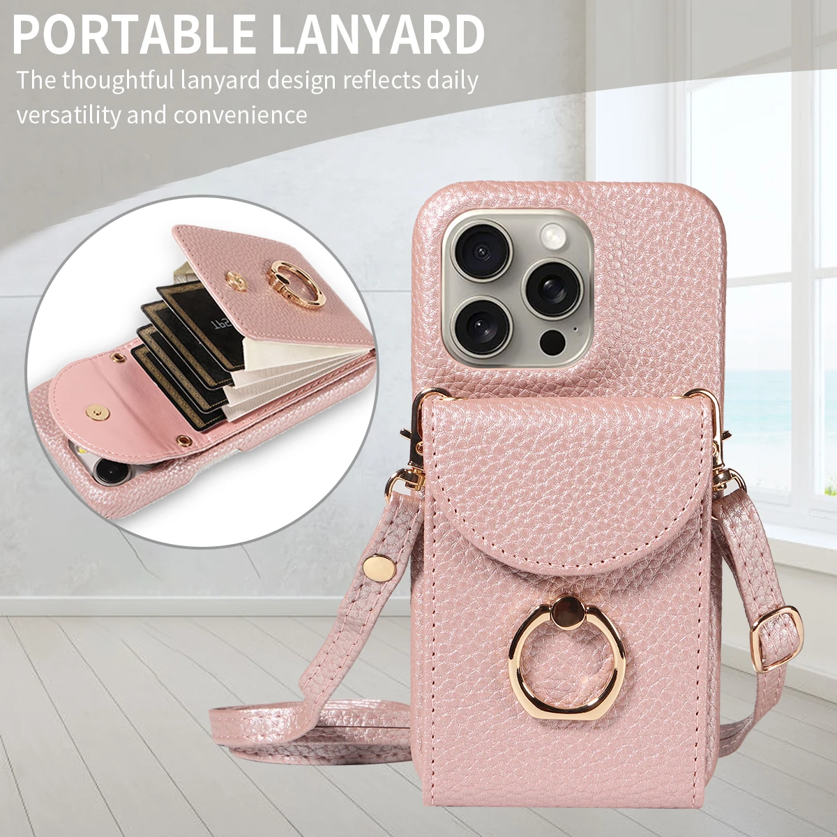 Color: Gold, Compatible-Phone Models: For iPhone 15 Plus, Bundle: Case & Strap, Material: Artificial Leather - High Quality Ring Stand Lychee Pattern Phone Case for IPhone16promax15 14 13 Crossbody with Lanyard PU Leather Anti-fall Cover