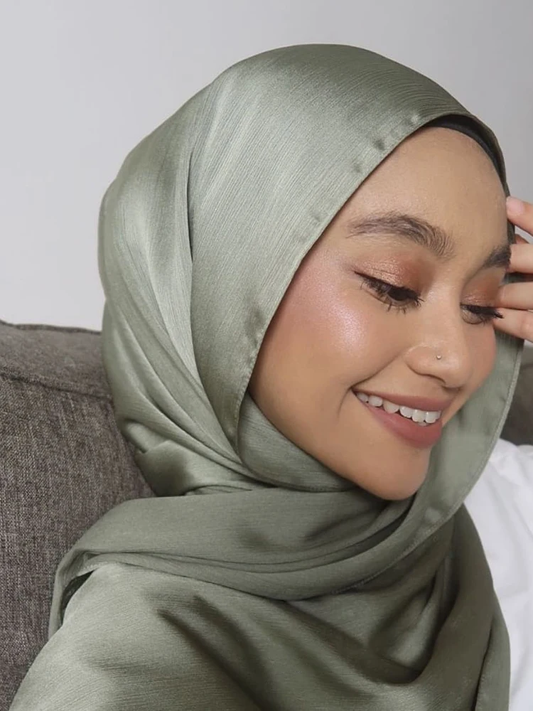 Color: Brown - Hot Premium Satin Crinkle Hijab Scarf Chiffon Shawl Plain Muslim Women Hijabs Breathab Islam Women Turban Pleated Scarf Ramadan