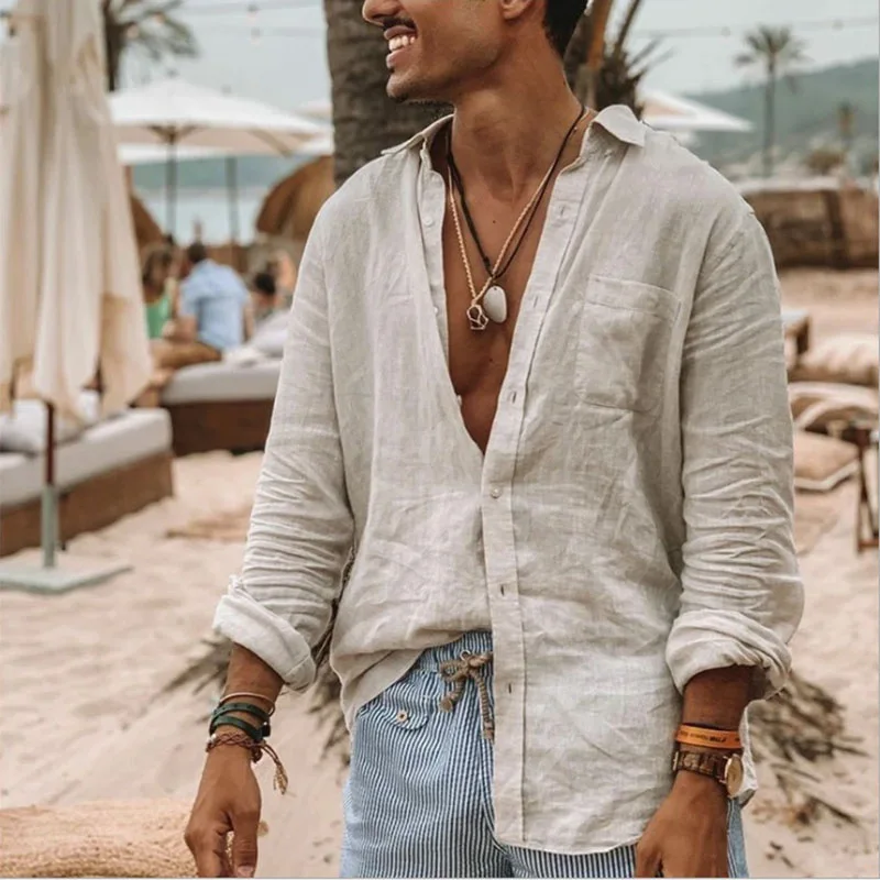Color: green, Size: S, Sale by Pack: Pack of 1 - Men's new men's long sleeve buttoned cotton linen shirt lapel cardigan