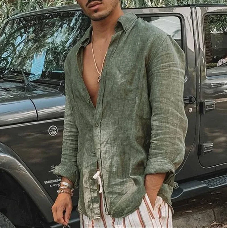Color: green, Size: S, Sale by Pack: Pack of 1 - Men's new men's long sleeve buttoned cotton linen shirt lapel cardigan