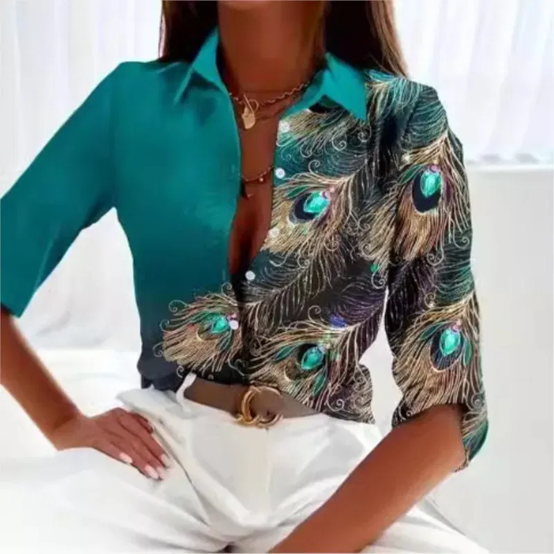 Color: Ivory, Size: XXL - Fashionable Ladies Trendy Long Sleeved Shirt With Feather Gemstone Print Buttons Lapel Shirt Sleeves Autumn Elegant Ladies Shirt