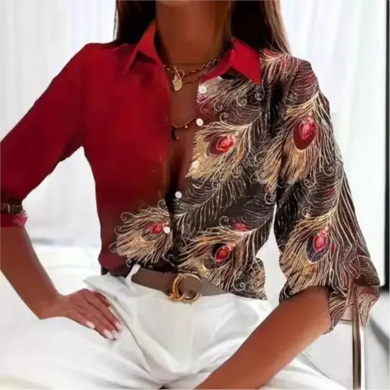 Color: Ivory, Size: XXL - Fashionable Ladies Trendy Long Sleeved Shirt With Feather Gemstone Print Buttons Lapel Shirt Sleeves Autumn Elegant Ladies Shirt