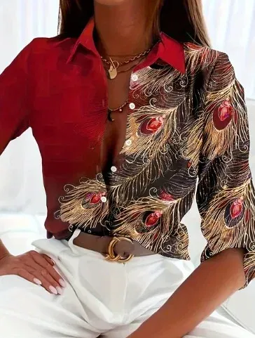 Color: Ivory, Size: XXL - Fashionable Ladies Trendy Long Sleeved Shirt With Feather Gemstone Print Buttons Lapel Shirt Sleeves Autumn Elegant Ladies Shirt