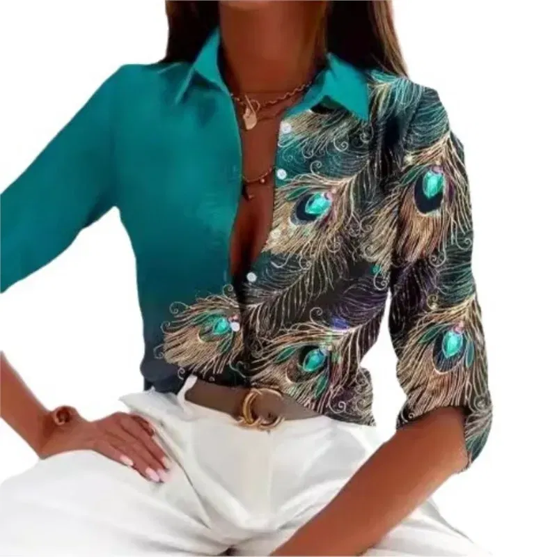 Color: Ivory, Size: XXL - Fashionable Ladies Trendy Long Sleeved Shirt With Feather Gemstone Print Buttons Lapel Shirt Sleeves Autumn Elegant Ladies Shirt