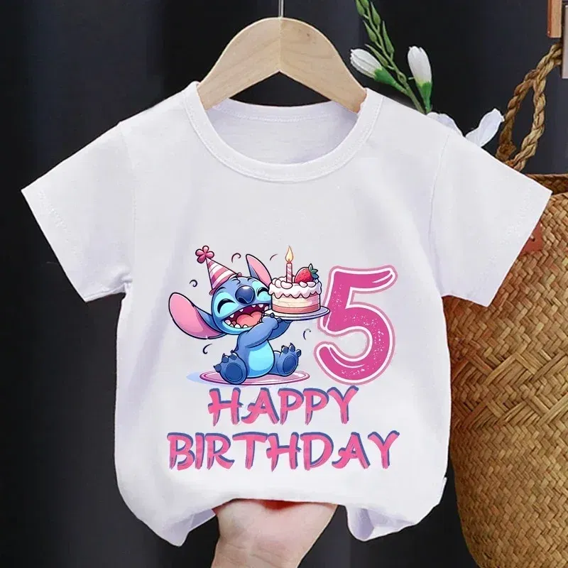 Color: Khaki, Kid Size: 17 - Lilo Stitch Children T-shirt Birthday 3-10 Years Boy Girl Clothing Summer Cartoon Print Tshirt Short Sleeve Cotton Top Baby Tee