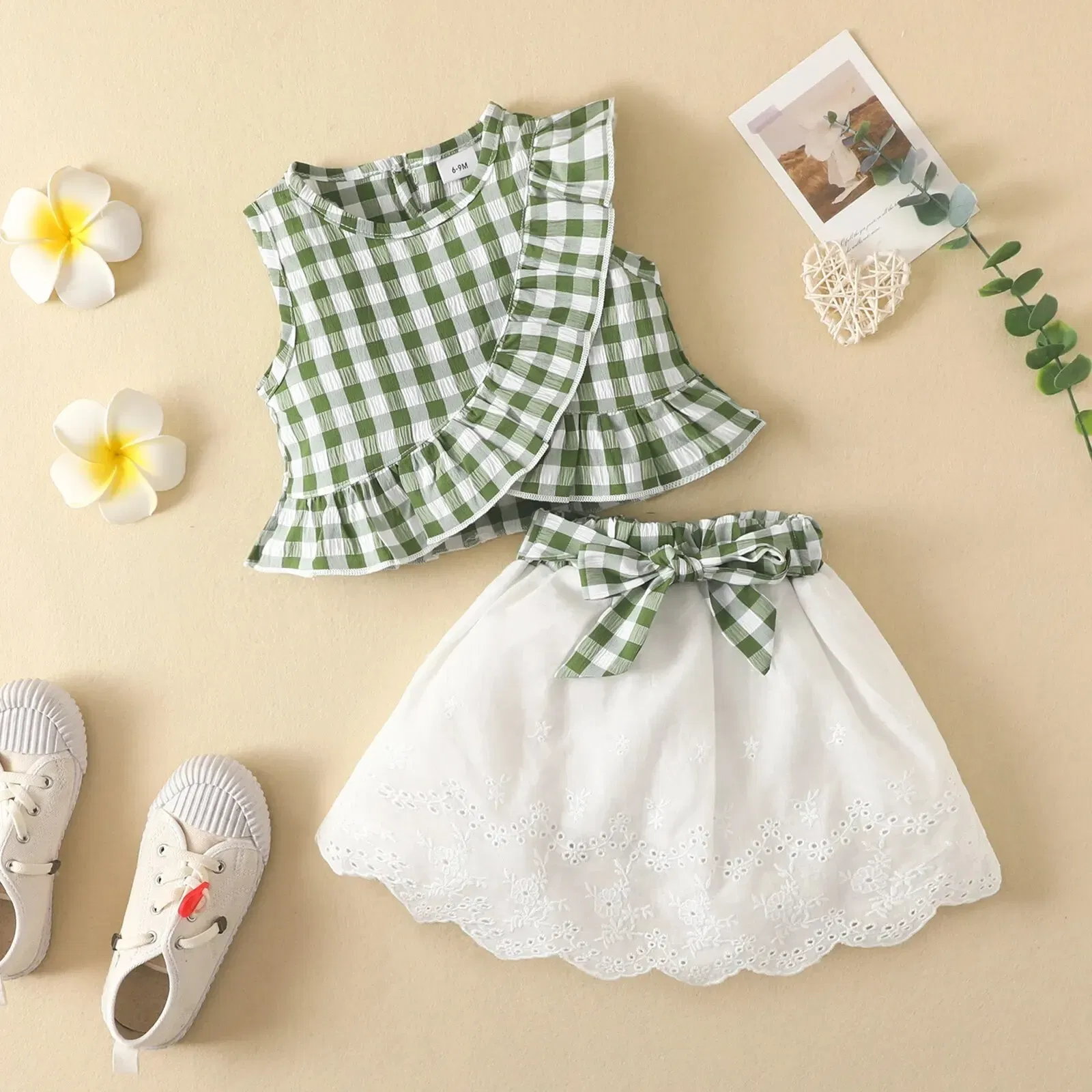 Kid Size: 6M, Color: Red - Charming Girls' Summer Ensemble: Sleeveless Plaid Ruffle Top & Lace Hem Skirt - Comfy, Durable & Stylish