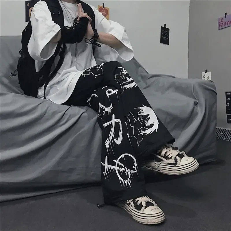 Color: black, Size: L - Black Japenese Printed Anime Y2k Sweatpants Male Streetwear Wide Leg Oversize Baggy Pants Casual Sport Causl Trousers Men 2023