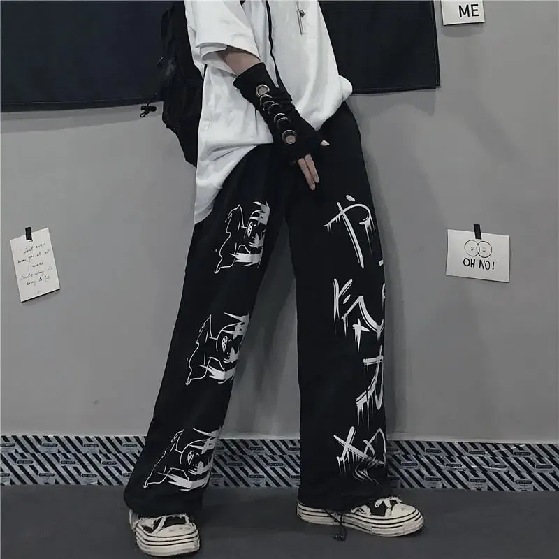 Color: black, Size: L - Black Japenese Printed Anime Y2k Sweatpants Male Streetwear Wide Leg Oversize Baggy Pants Casual Sport Causl Trousers Men 2023