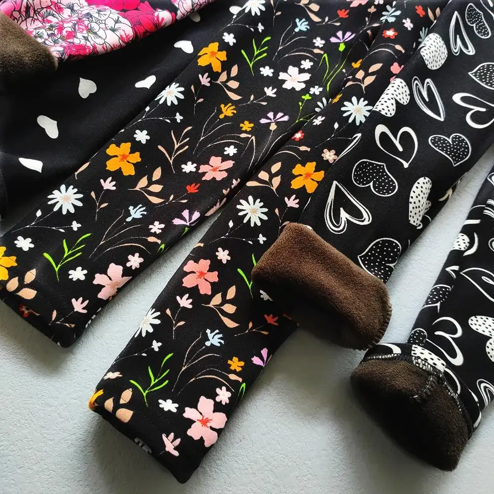 Color: PURPLE, Kid Size: 9 - Autumn Winter Print Flowers Thick Warm Kids Toddler Baby Girls Leggings Children's Pants