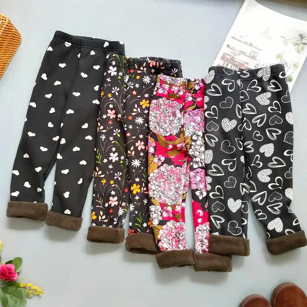 Color: PURPLE, Kid Size: 9 - Autumn Winter Print Flowers Thick Warm Kids Toddler Baby Girls Leggings Children's Pants