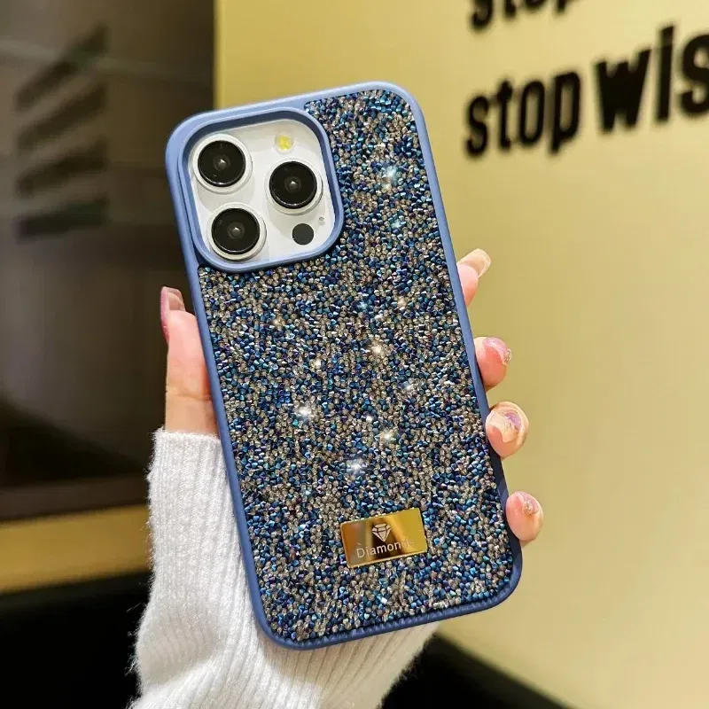 Material: PU, Color: Blue - Luxury INS Dazzling Full Covered Zircon Macaroon Color Phone Case for iPhone 16 15 14 11 12 13 Pro Max Plus Back Cover