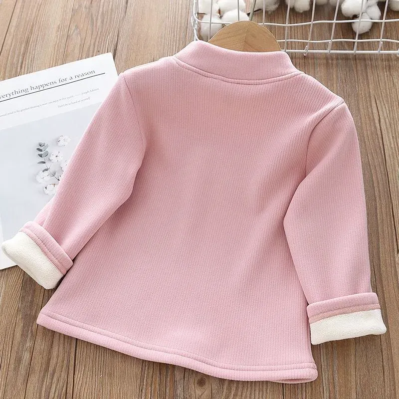 Color: black, Kid Size: 7 - 1pcs Children's T-Shirts Rabbit Embroidery Velvet warm top Kids Half High Collar Long Sleeve Base Shirt Girls Tshirts Clothes