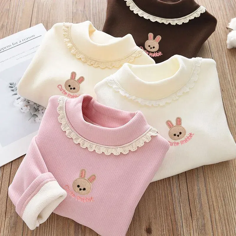 Color: black, Kid Size: 7 - 1pcs Children's T-Shirts Rabbit Embroidery Velvet warm top Kids Half High Collar Long Sleeve Base Shirt Girls Tshirts Clothes