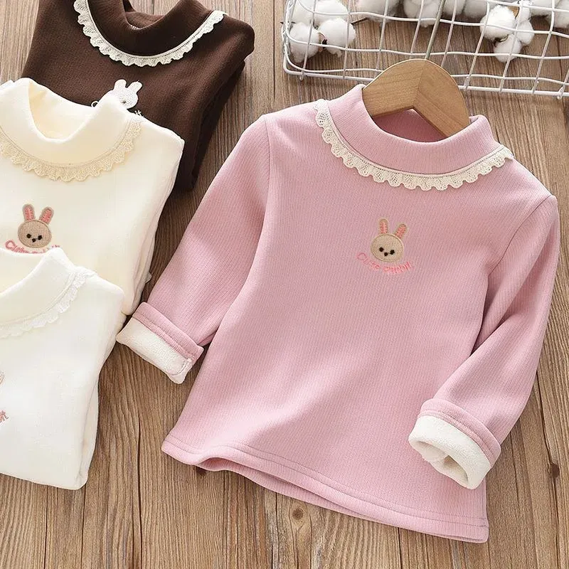 Color: black, Kid Size: 7 - 1pcs Children's T-Shirts Rabbit Embroidery Velvet warm top Kids Half High Collar Long Sleeve Base Shirt Girls Tshirts Clothes