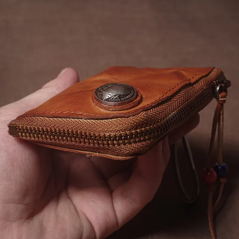 Color: Gold, Ships From: CHINA - GURO High Quality Genuine Leather Home Car Key Bag Retro Men Handmade Top Cowhide Coin Purse Women Zipper Mini Wallet Card Holde