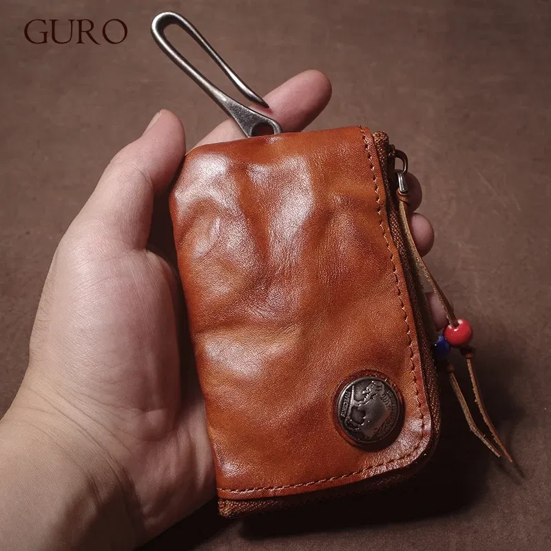 Color: Gold, Ships From: CHINA - GURO High Quality Genuine Leather Home Car Key Bag Retro Men Handmade Top Cowhide Coin Purse Women Zipper Mini Wallet Card Holde