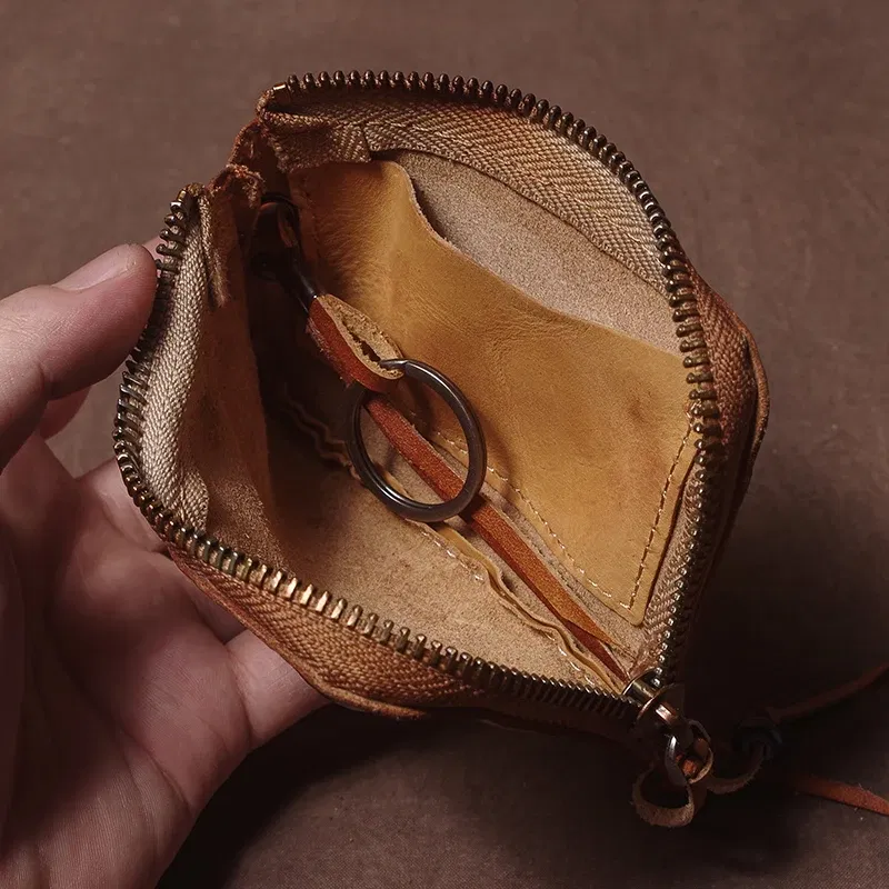 Color: Gold, Ships From: CHINA - GURO High Quality Genuine Leather Home Car Key Bag Retro Men Handmade Top Cowhide Coin Purse Women Zipper Mini Wallet Card Holde