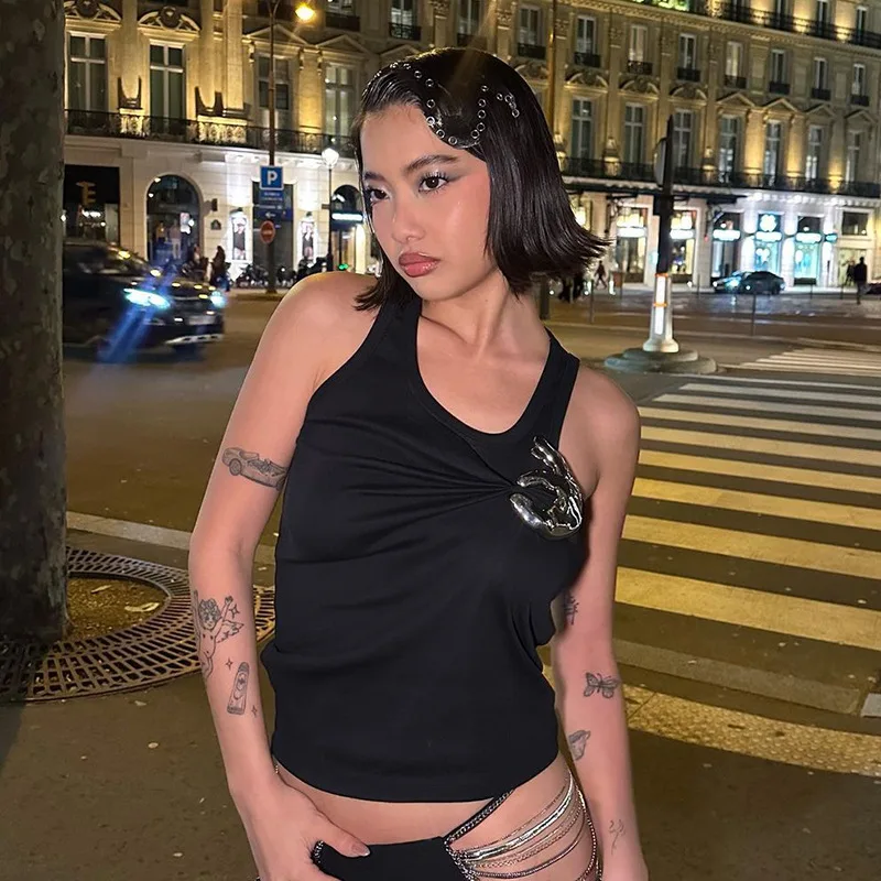 Color: black, Size: S - Women's Personalized Fashion Personalized Shrink Tank Top Sexy Solid Color OK Pattern Tank Top