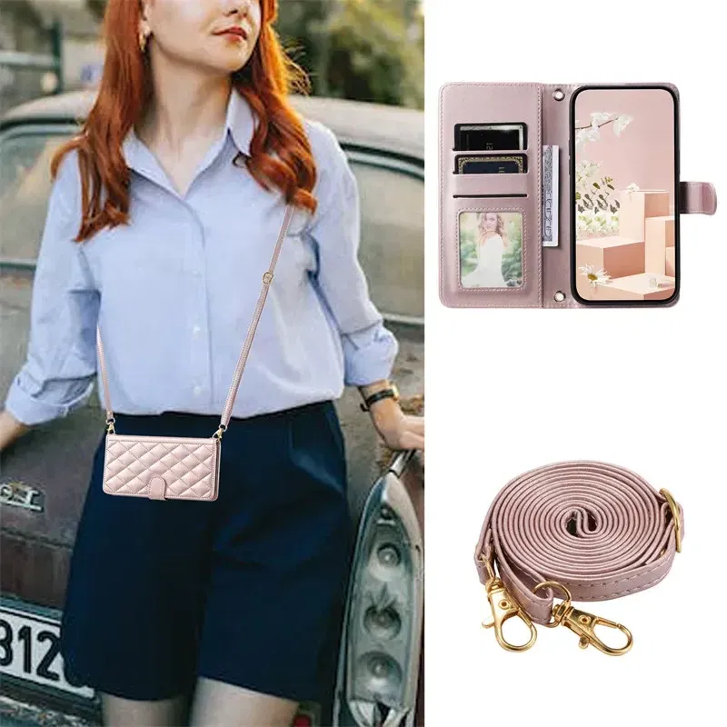 Material: CANVAS, Color: light green - Long lanyard Flip Leather Case for Samsung Galaxy Note 20 Ultra 10 9 8 Plus A10 A20E A30 A50 A70 A51 A71 A21S Wallet Card Cover