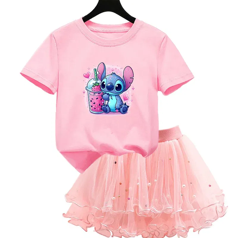 Color: Orange, Kid Size: 5 - 2pcs Lilo Stitch Summer Girls Outfits Cartoon T-shirt and Tutu Skirt Princess Clothes Suit Children Birthday Clothing Sets