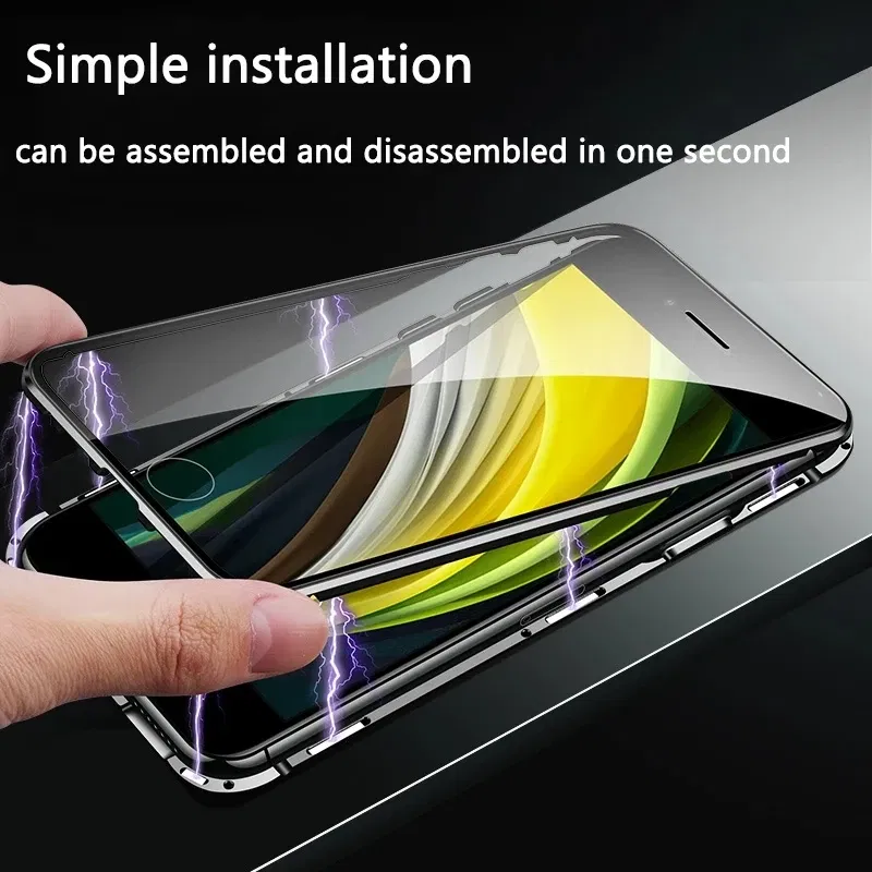 Color: Black, Material: EVA - Magnetic Metal Case For iPhone 15 14 13 12 11 Pro 14Pro Max XS X XR 7 8 14Plus 12 Mini SE 2020 Double Sided Tempered Glass Cover