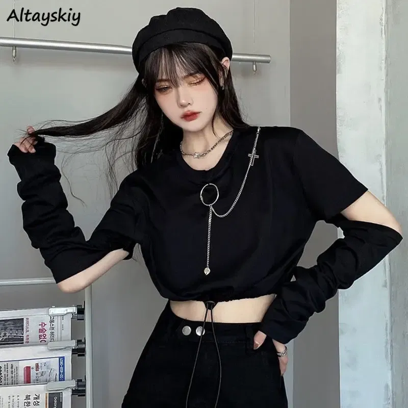 Color: black, Size: XL - Solid T-shirts Women Removable Sleeve Sequined Chain Japanese Style Harajuku Trendy Goth Y2k Female Crop Top Hot Sale Popular