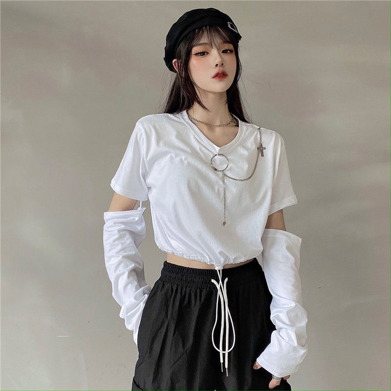 Color: black, Size: XL - Solid T-shirts Women Removable Sleeve Sequined Chain Japanese Style Harajuku Trendy Goth Y2k Female Crop Top Hot Sale Popular
