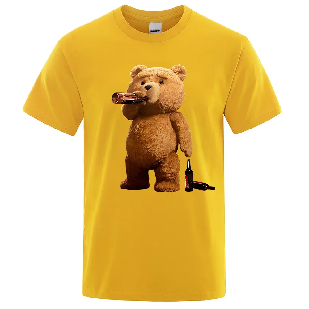 Color: Yellow, Size: XXXL - Lovely Ted Bear Drink Beer Poster Funny Printed T-Shirt Men Fashion Casual Short Sleeves Loose Oversize Tee Street Hip Hop Tops