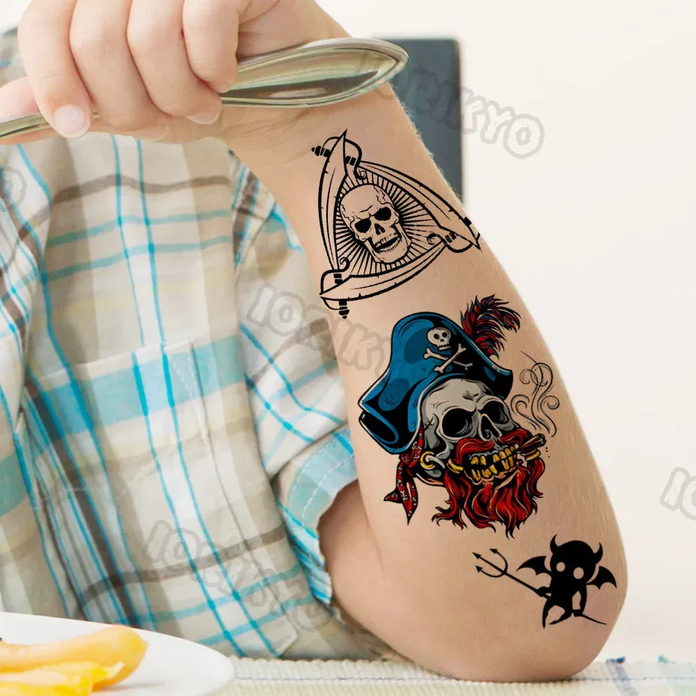 Color: dark blue - Skull Temporary Tattoos For Kids Men Women Adult Face Neck Pirate Captain Tattoo Sticker Monster Fake Skeleton King Tatoos