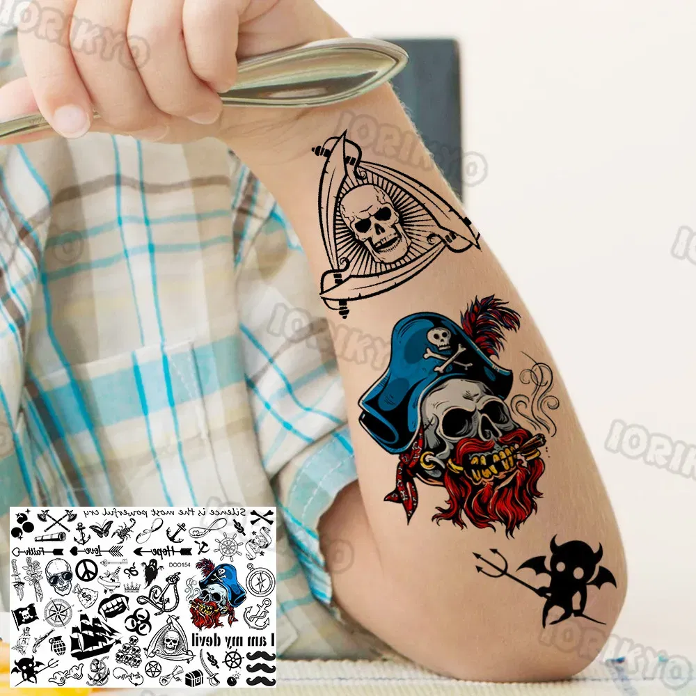 Color: dark blue - Skull Temporary Tattoos For Kids Men Women Adult Face Neck Pirate Captain Tattoo Sticker Monster Fake Skeleton King Tatoos
