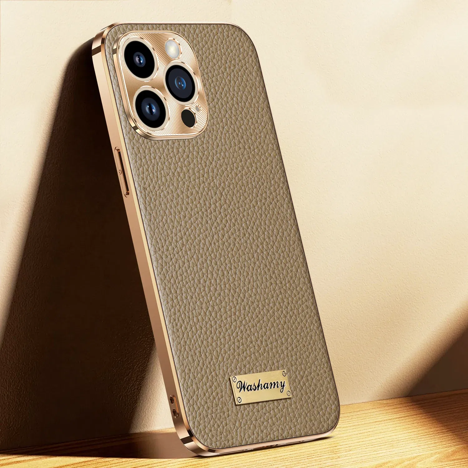 Color: Beige, Compatible-Phone Models: For iPhone 14 - Luxury Genuine Leather Phone Case For iPhone 15 14 13 Pro Max Plating Soft Silicone Frame Shockproof Cover For iPhone 16 Pro Max