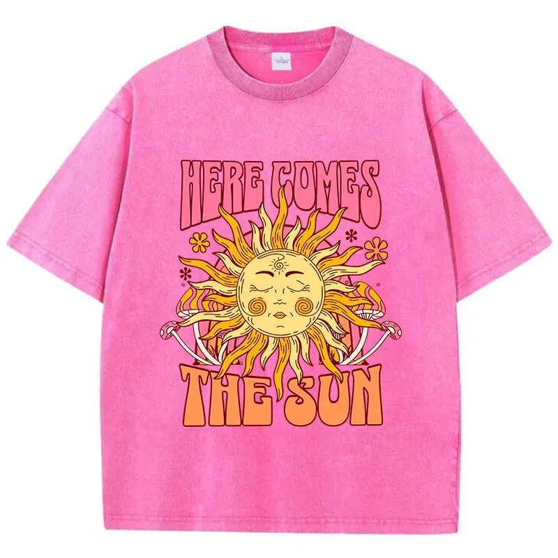 Color: Dark Grey, Size: L - Oversize Women's Washed T-Shirt Cotton Here Comes The Sun Prints T Shirts Casual O-Neck Short Sleeve Tops Loose Women's Clothes