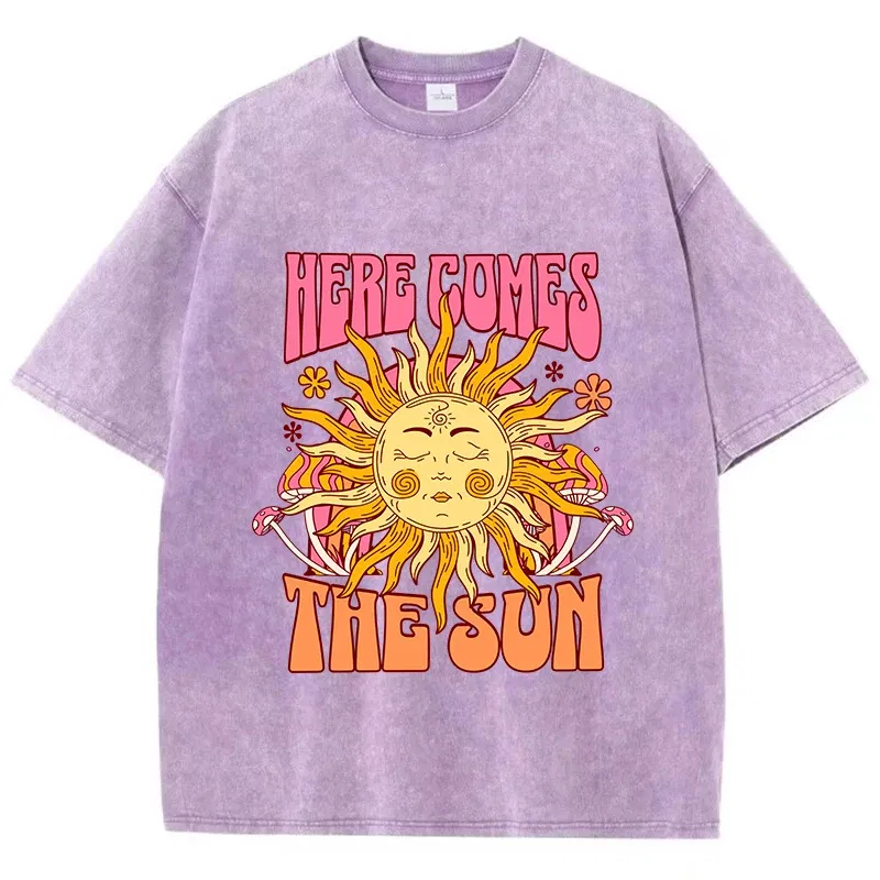 Color: Dark Grey, Size: L - Oversize Women's Washed T-Shirt Cotton Here Comes The Sun Prints T Shirts Casual O-Neck Short Sleeve Tops Loose Women's Clothes