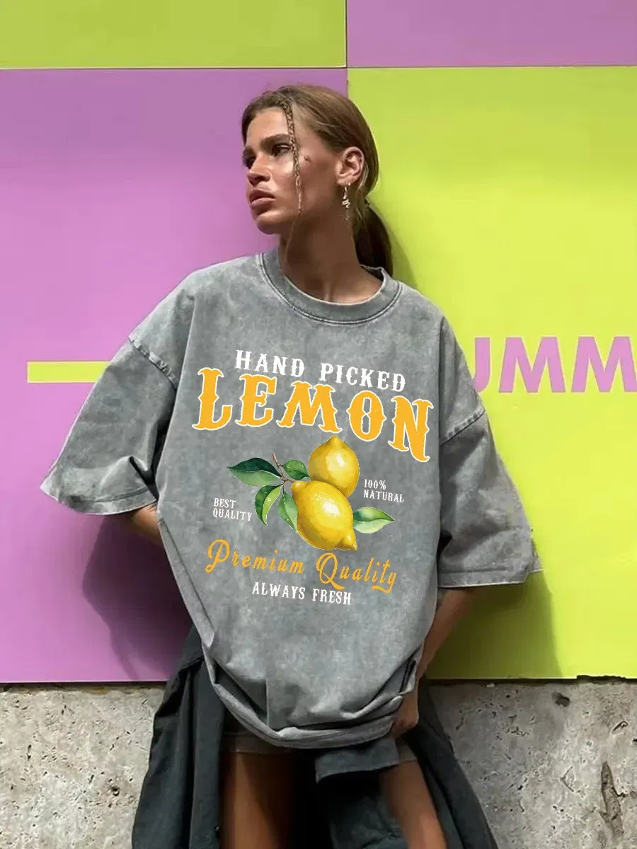 Color: Brown, Size: XS - Summer Lemon Washed T-Shirts Womens Cotton Oversized O-Neck T Shirts Fresh Fruit Prints Tops Casual Short Sleeve Woman Clothes