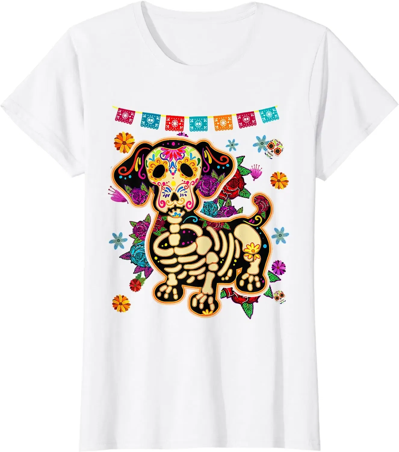 Color: black, Size: XXXL - Sugar Skull Mexican Dachshund Bone Halloween Day of Dead T-Shirt Casual Cotton Four Seasons Graphic T Shirts Funny T Shirts
