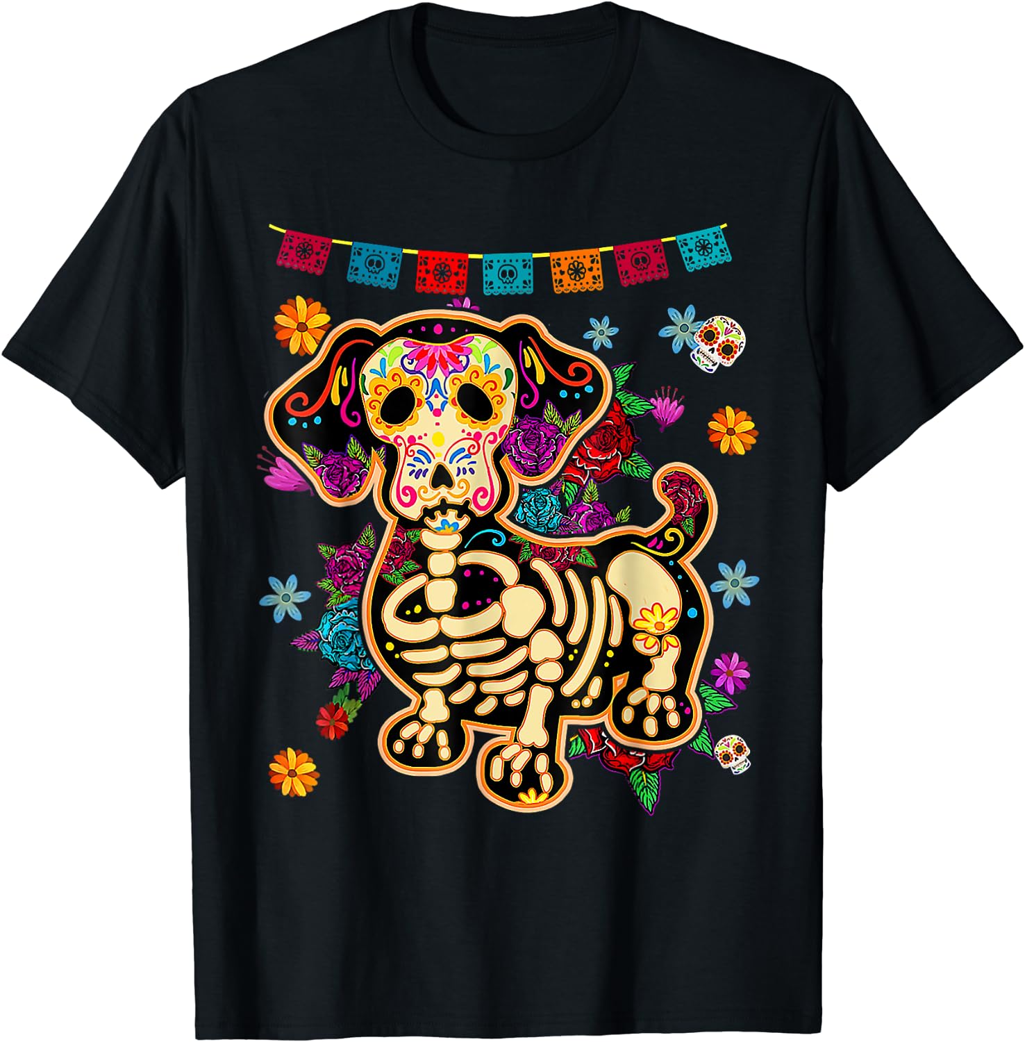 Color: black, Size: XXXL - Sugar Skull Mexican Dachshund Bone Halloween Day of Dead T-Shirt Casual Cotton Four Seasons Graphic T Shirts Funny T Shirts