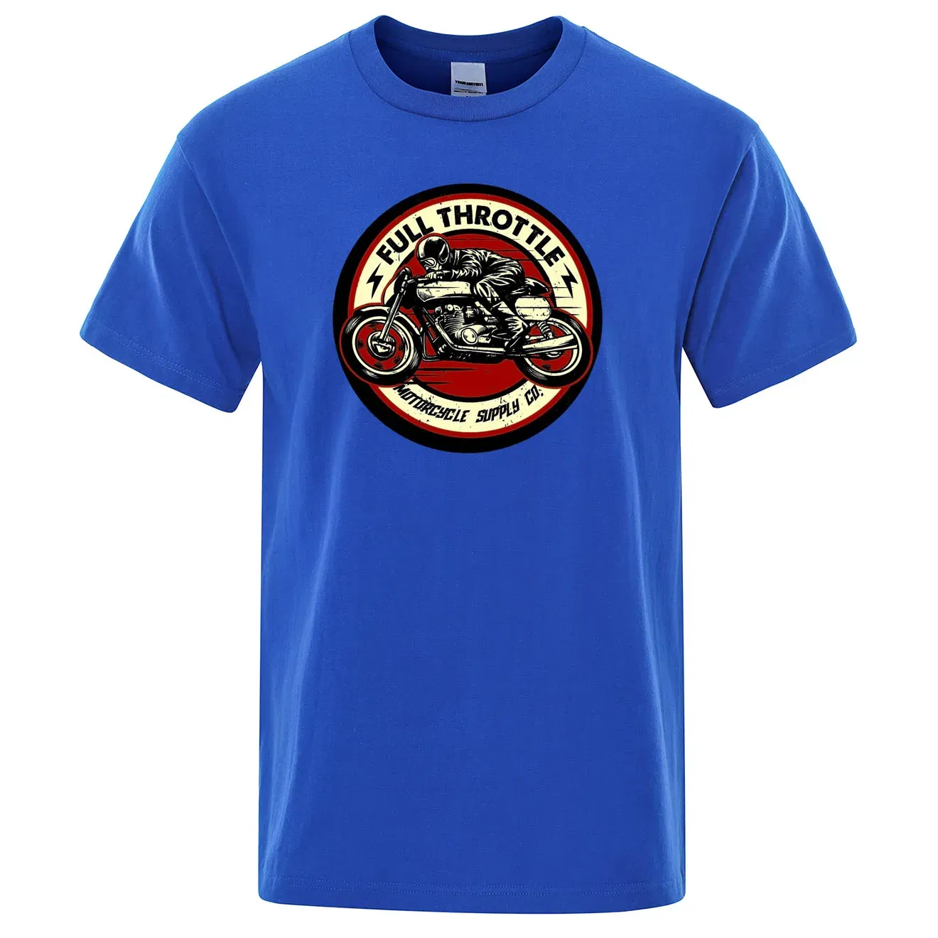 Color: Blue, Size: L - Full Throttle Cafe Racer Rockabilly Biker Printed T-Shirt Men Fashion Casual Short Sleeve Loose Cotton Tshirt Summer Loose Tees