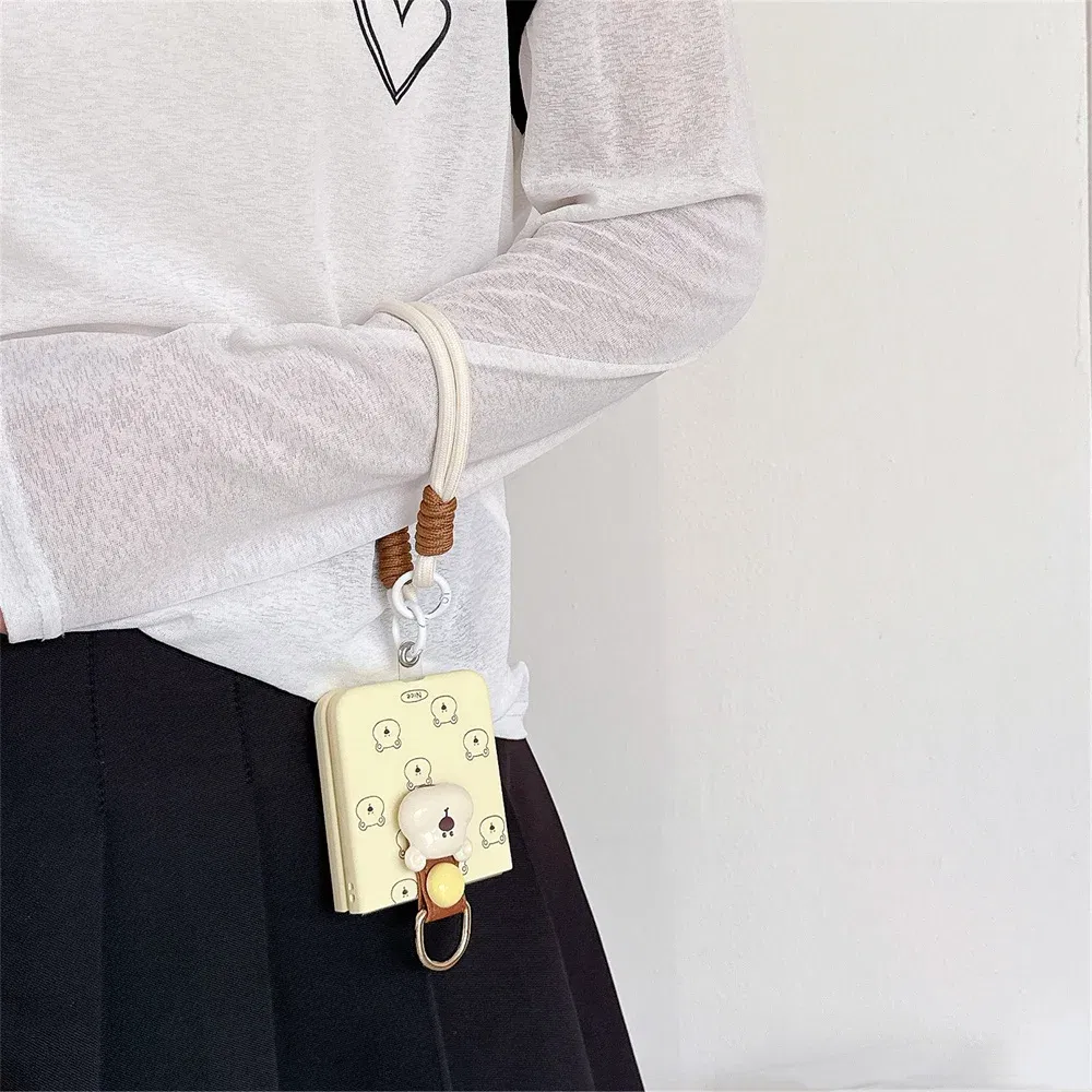 Color: Beige, Material: CANVAS - Cute 3D Bear Hand Strap Case for Samsung Galaxy Z Flip 6 5 4 3 Lanyard Ring Holder Shockproof Cover for Samsung Flip6 ZFlip5
