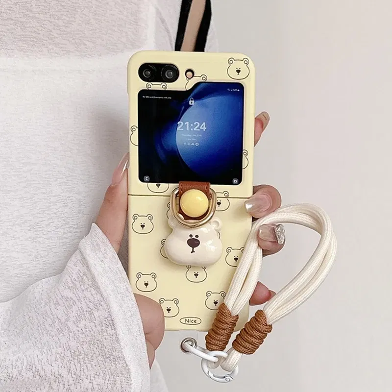 Color: Beige, Material: CANVAS - Cute 3D Bear Hand Strap Case for Samsung Galaxy Z Flip 6 5 4 3 Lanyard Ring Holder Shockproof Cover for Samsung Flip6 ZFlip5