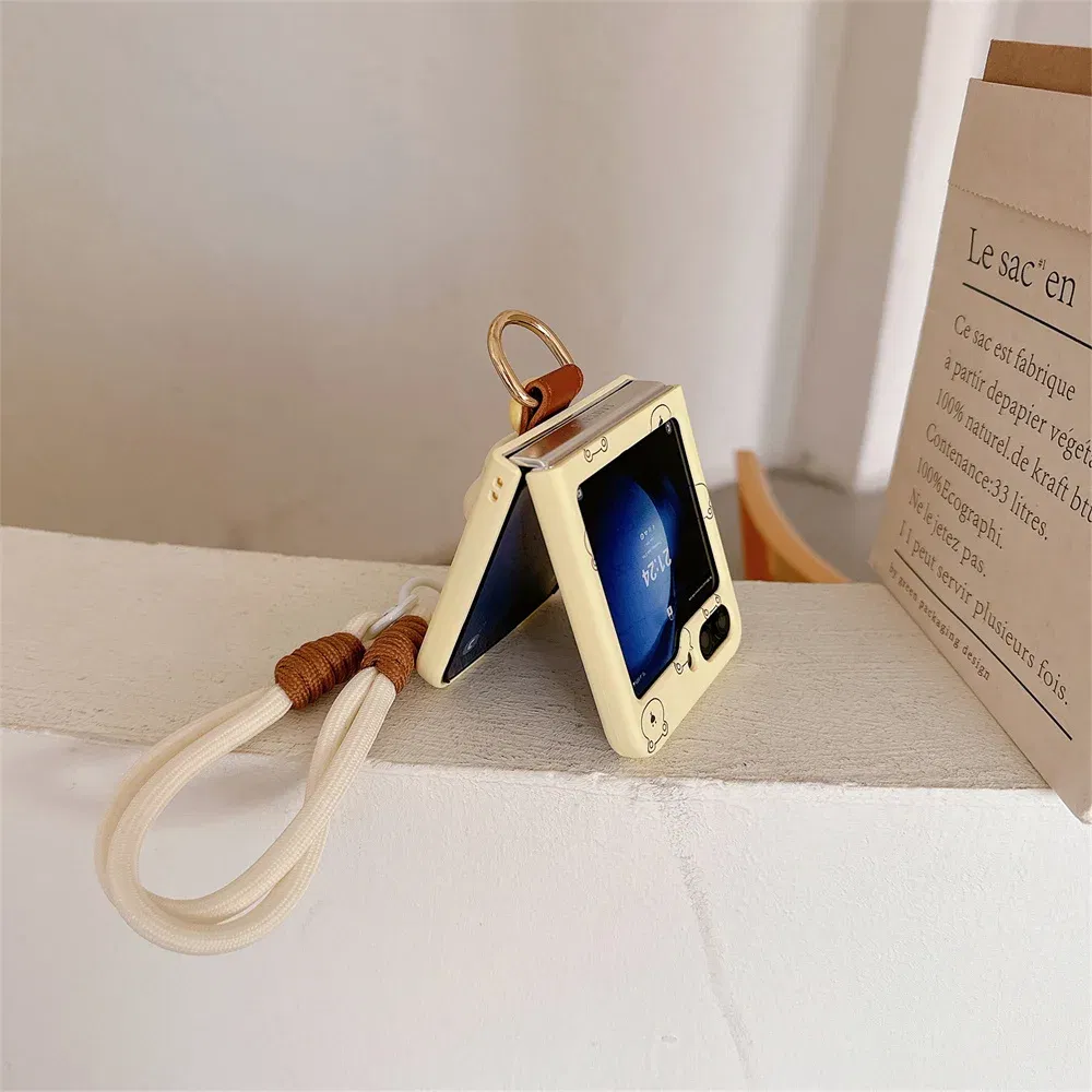 Color: Beige, Material: CANVAS - Cute 3D Bear Hand Strap Case for Samsung Galaxy Z Flip 6 5 4 3 Lanyard Ring Holder Shockproof Cover for Samsung Flip6 ZFlip5