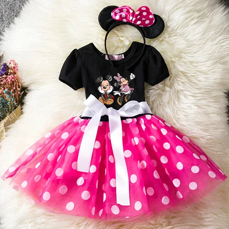 Color: GRAY, Size: XXS - Cartoon Mickey Minnie Mouse Kids Short Sleeve Polka Dot Princess Dress 1-6Y Party Baby Girls Clothes Cosplay Costumes