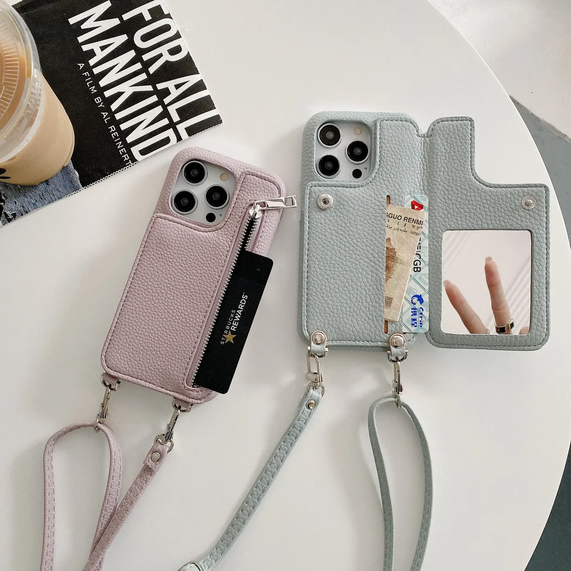 Material: POLYESTER, Color: Clear - Zipper Wallet Makeup Mirror Crossbody Lanyard Case For iPhone 16 15 14 Pro Max 13 12 11 XR XS 7 8 Plus Card Slot Leather Cover