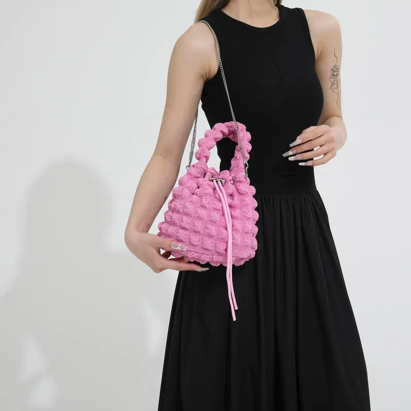 Color: Pink - Pearl puff fashion pop bucket bag pleated lines dopamine color youth smell girlishness sweet casual